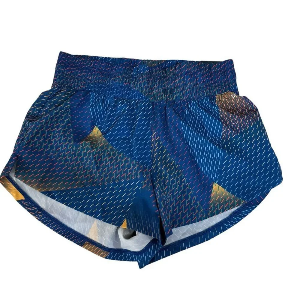 DSG women High Rise Stride Shorts Lined Blue Gold Swirl size XS NWT